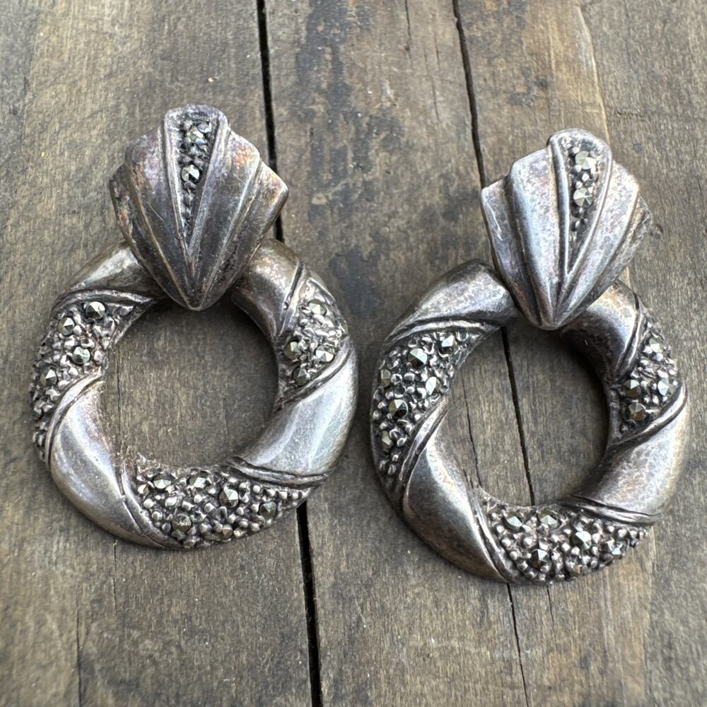 Vintage Sterling Silver Door Knocker Earrings w/ Stones No Backs Signed MH